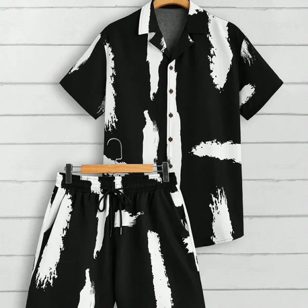 Summer Beach Black And White Printed Men's Suit Two Piece